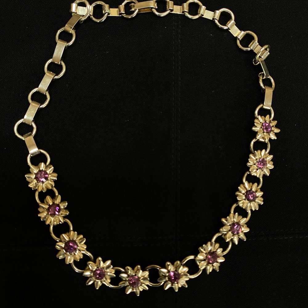 Vintage red rhinestone flower necklace